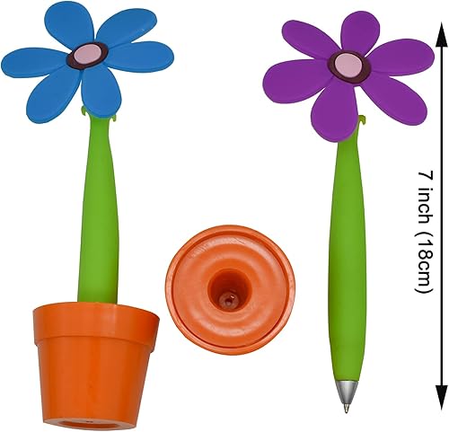Miniatura 2 de Maydahui Juego de 4 bolígrafos de flores con soporte para macetas en el escritorio, bonito diseño creativo colorido para fiesta de estudiantes, día