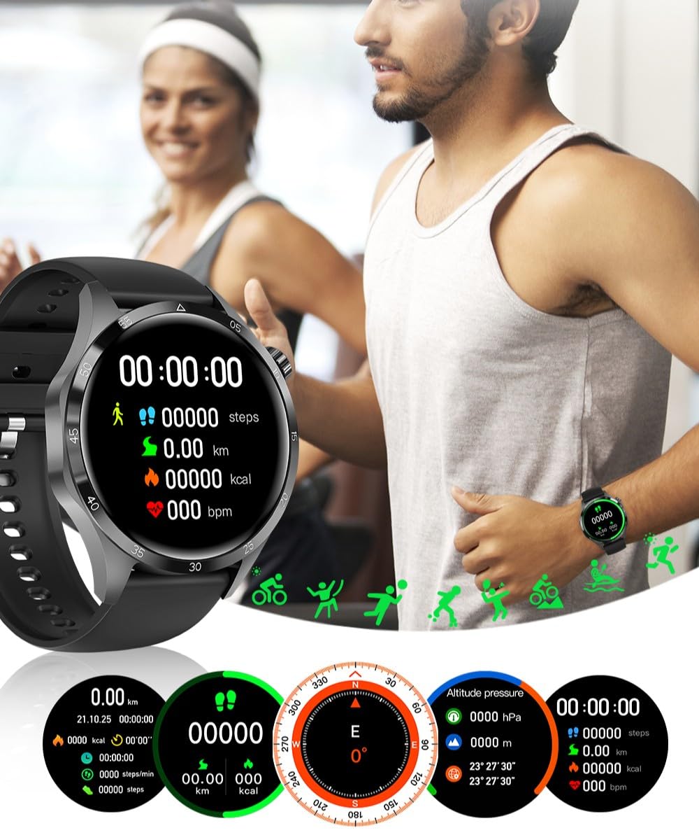 Smartwatch GT4 PRO + Słuchawki Bezprzewodowe Bluetooth | Pulsometr, Ciśnienie, SpO₂, Temperatura, Rozmowy, 11 Trybów Sportowych, IP68, 2 Paski, 580 Tarczy, RDFit, Ekran 1.53" (czarny)