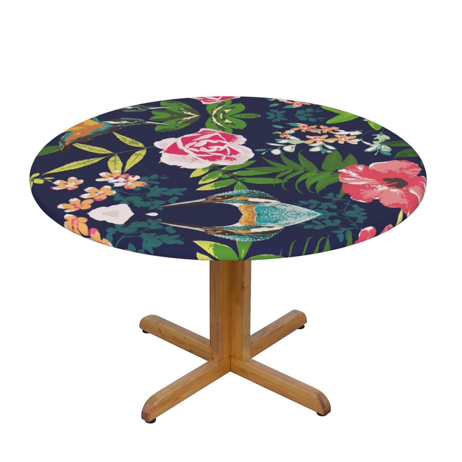 ESNAIUVCD Birds and Flowers print Waterproof Round Tablecloth,Outdoor Table Cloth with Elastic Edged, Elastic Tablecloth Wipeable, Garden Table Cloth Suitable for sizes 90cm-140cm