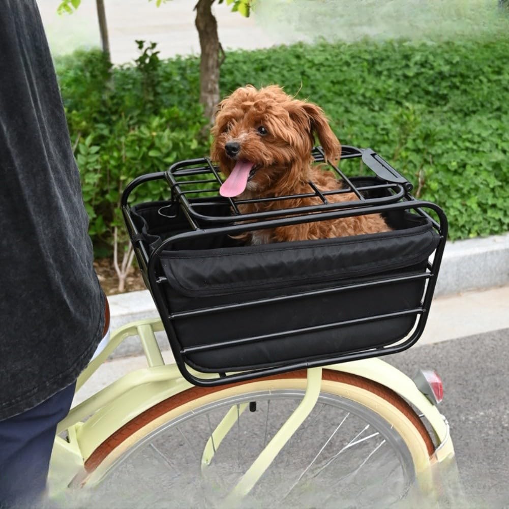 Vorderradkorb aus Karbonstahl für kleine Hunde und Katzen, für robuste Haustiertrage mit Clip-on-Abdeckung für Elektro-Fahrrad-Roller, 38,1 x 22,9 x 21,6 cm, Schwarz