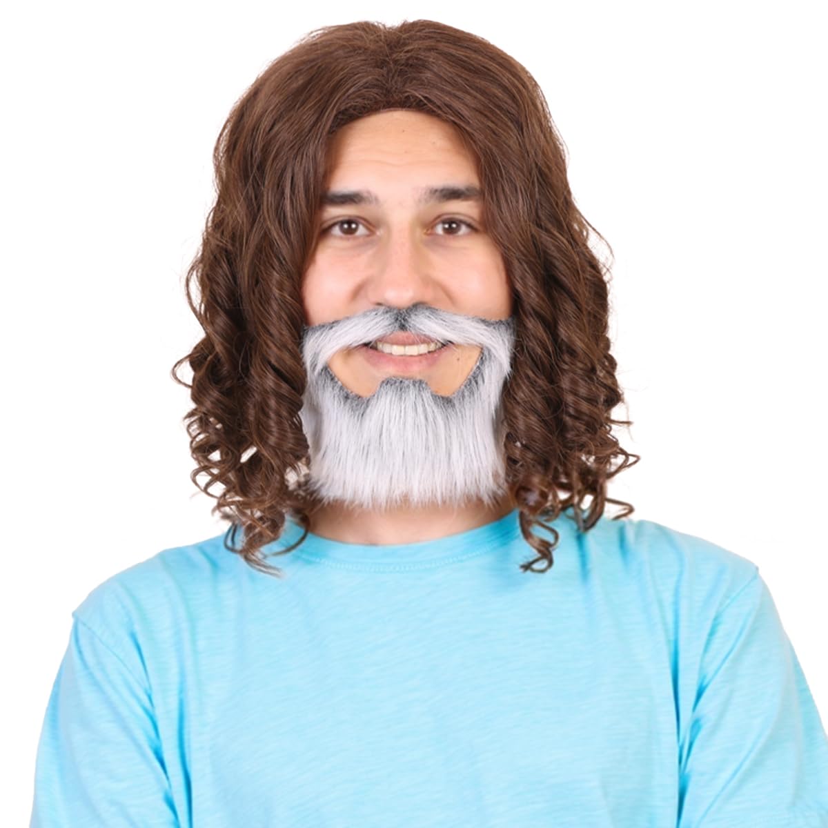 ColorGround FantaLook Medium Curly Brown Synthetic Cosplay Wig with Beard Set for Halloween Costume Party