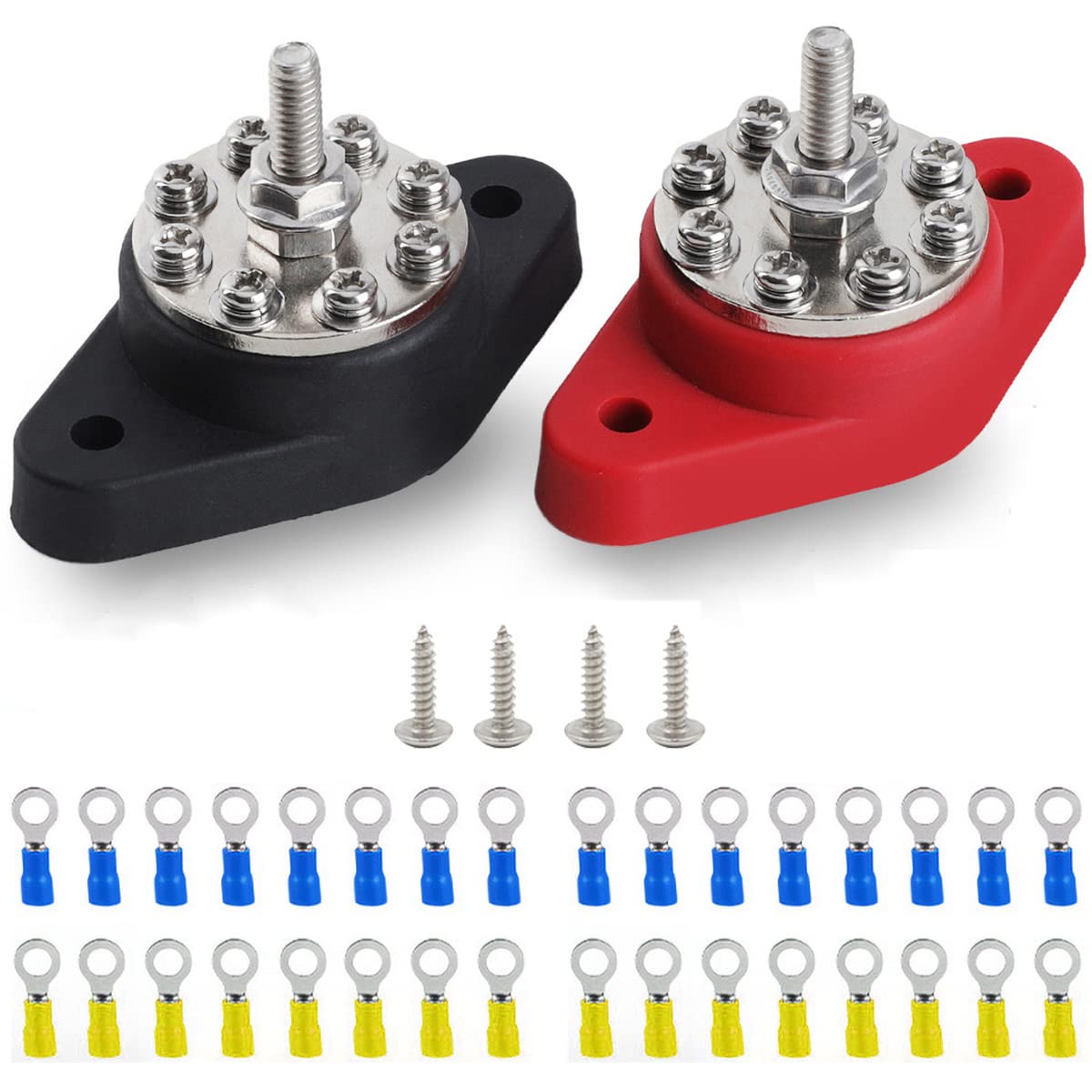 Greluma 1 Paire Bloc de distribution d'alimentation à 8 bornes M6 (1/4 "), poste de jonction de barre omnibus 8 voies 12-48 V avec bornes à anneau