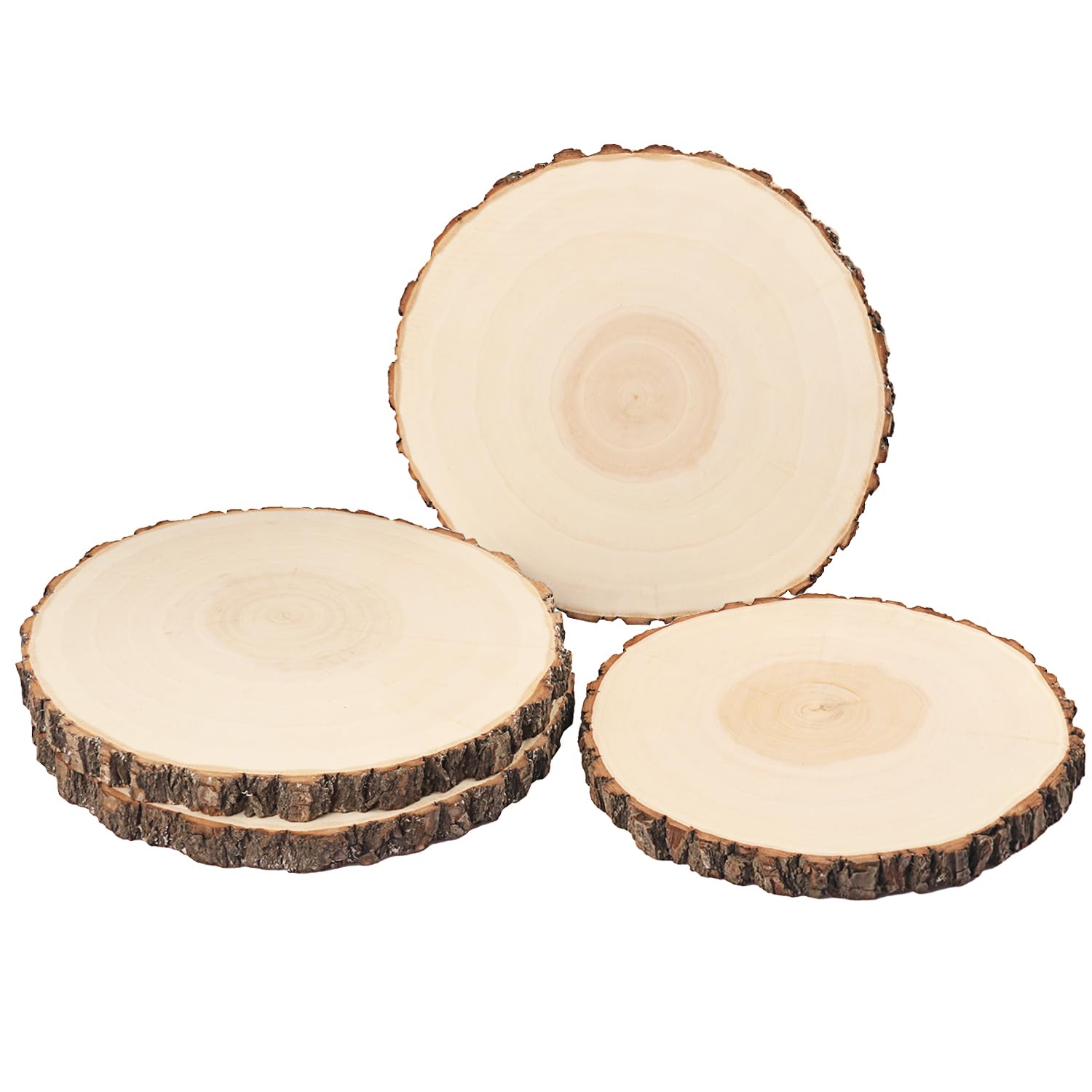 4 pcs 10-12 inch natural wood slices, unfinished paulownia wood circles with barks for coasters, diy crafts, christmas rustic wedding ornaments and centerpieces,by gniemckin