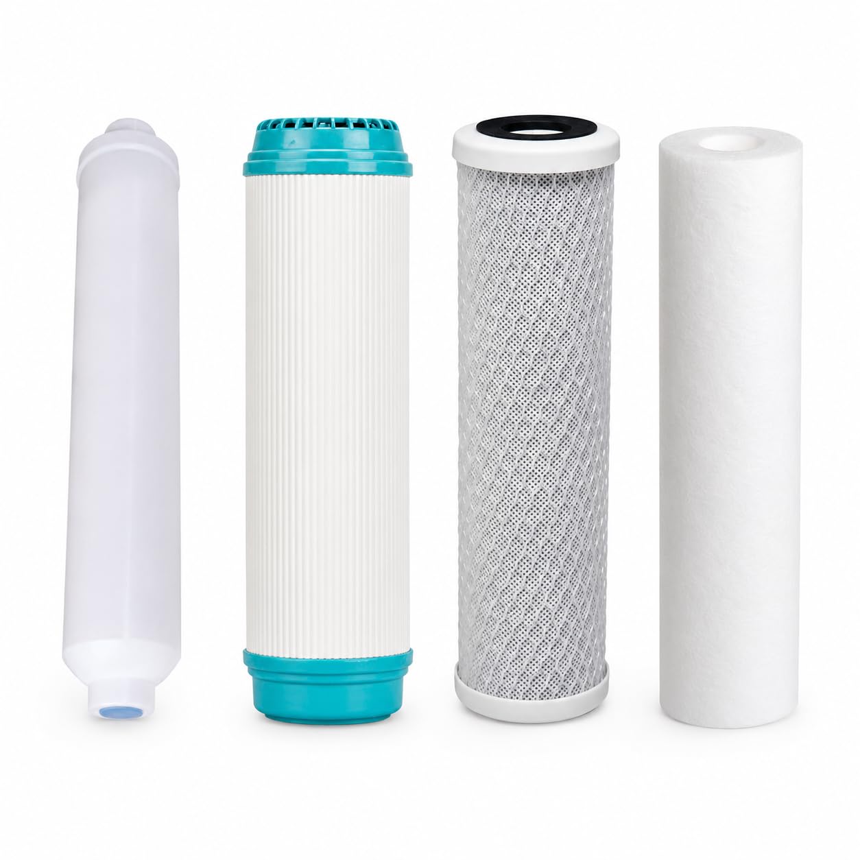 Zestaw 4 filtrów do wody do standardowego sprzętu do odwróconej osmozy. 1 osad, 1 węgiel GAC, 1 węgiel blokowy i 1 filtr końcowy z orzecha kokosowego. Wymieniaj raz w roku. Bbagua.
