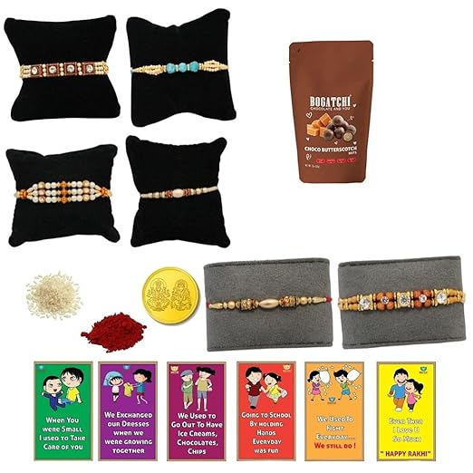 BOGATCHI Rakhi with chocolates gift pack, Rakhi and chocolate combo, Rakhi gift for brother with chocolate Butterscotch Nuts, 50g +Rakhi(6) +Roli Chawal+ Rakhi Story Card +Gold Coin|RKHBS-6-46