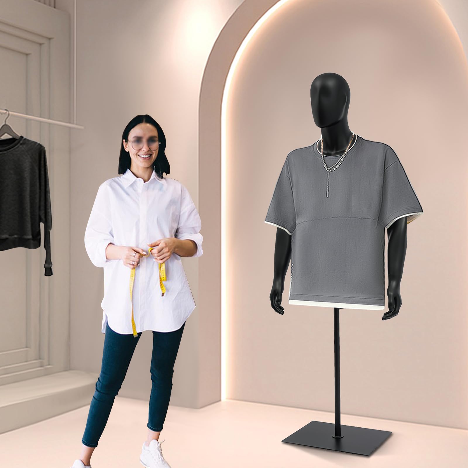 Black Clothing Form, Retail Dress Mannequin with Shose Display Base, 51-78 in Height Adjustable Detachable Arms, Mannequin Torso Manikin Dress Form, Sewing Dress Male Model Mannequin