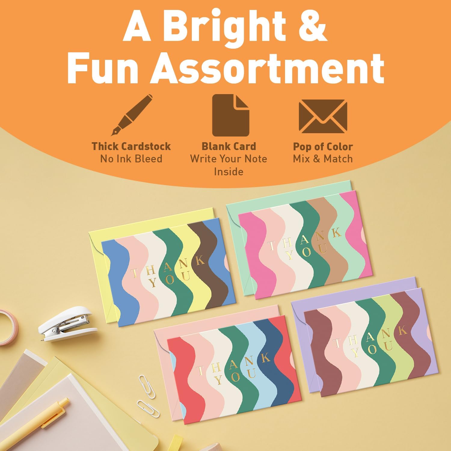 S&O Currents of Color Thank You Cards With Envelopes Bulk – 24 Gold Foil Thank You Notes Cards with Storage Box – 4x5.5” Blank Matte Inside – Colorful Wave Designs for Personal or Business Use - Image 4