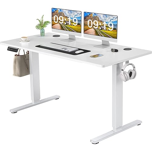 Sweetcrispy Electric Height Adjustable Standing Desk, 55'' x 24'' Stand up Desk Modern Adjustable Desk Sit to Stand Desk Computer Desk, Ergonomic Computer Workstation with White Top & White Frame