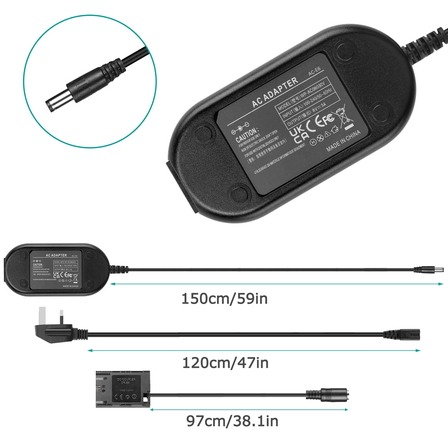FocusFoto LP-E6 Full Decoded Dummy Battery DR-E6 DC Coupler USB Power Supply Adapter Cable For Canon EOS 5D Mark IV III II 5DS R, R5, R6, R7, 6D, 6D