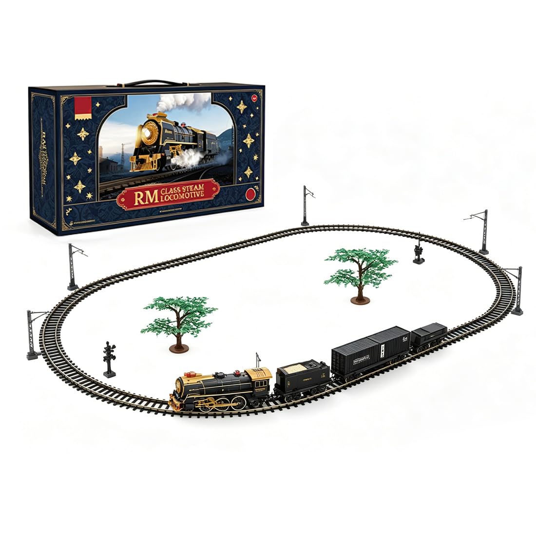 Set di modellini di treno a vapore elettrico con effetto fumo d'acqua, 3 carrozze e binario ovale, luci realistiche, suono e fischietto, avanti/indietro, modello locomotiva vintage per hobbisti