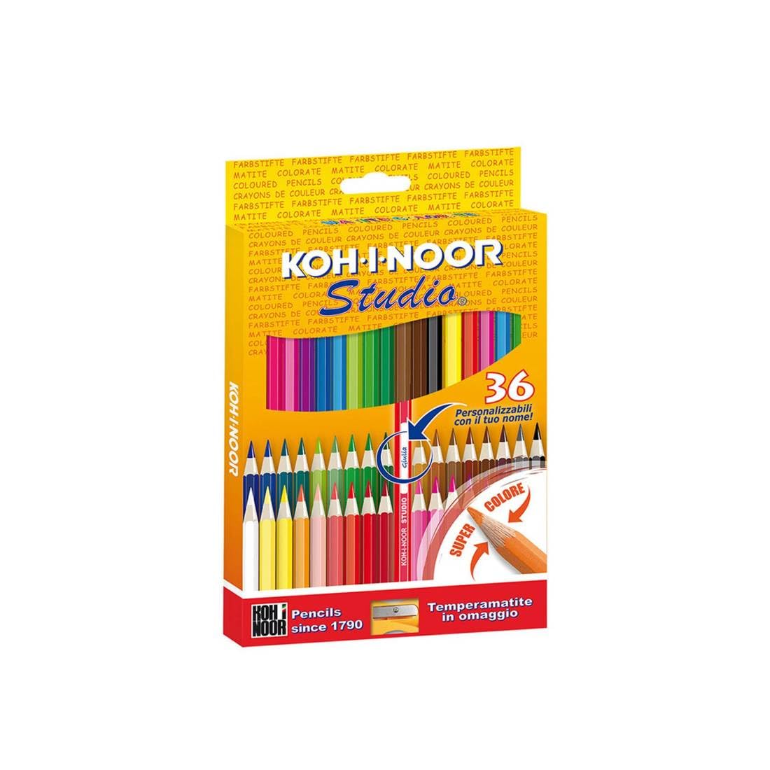 Koh-I-Noor H36P Multi – Set Da 36 Pastelli Colorati In Astuccio Di Legno, Mina 3.2 Mm, Forma Triangolare, Con Temperamatite E Gomma Inclusi