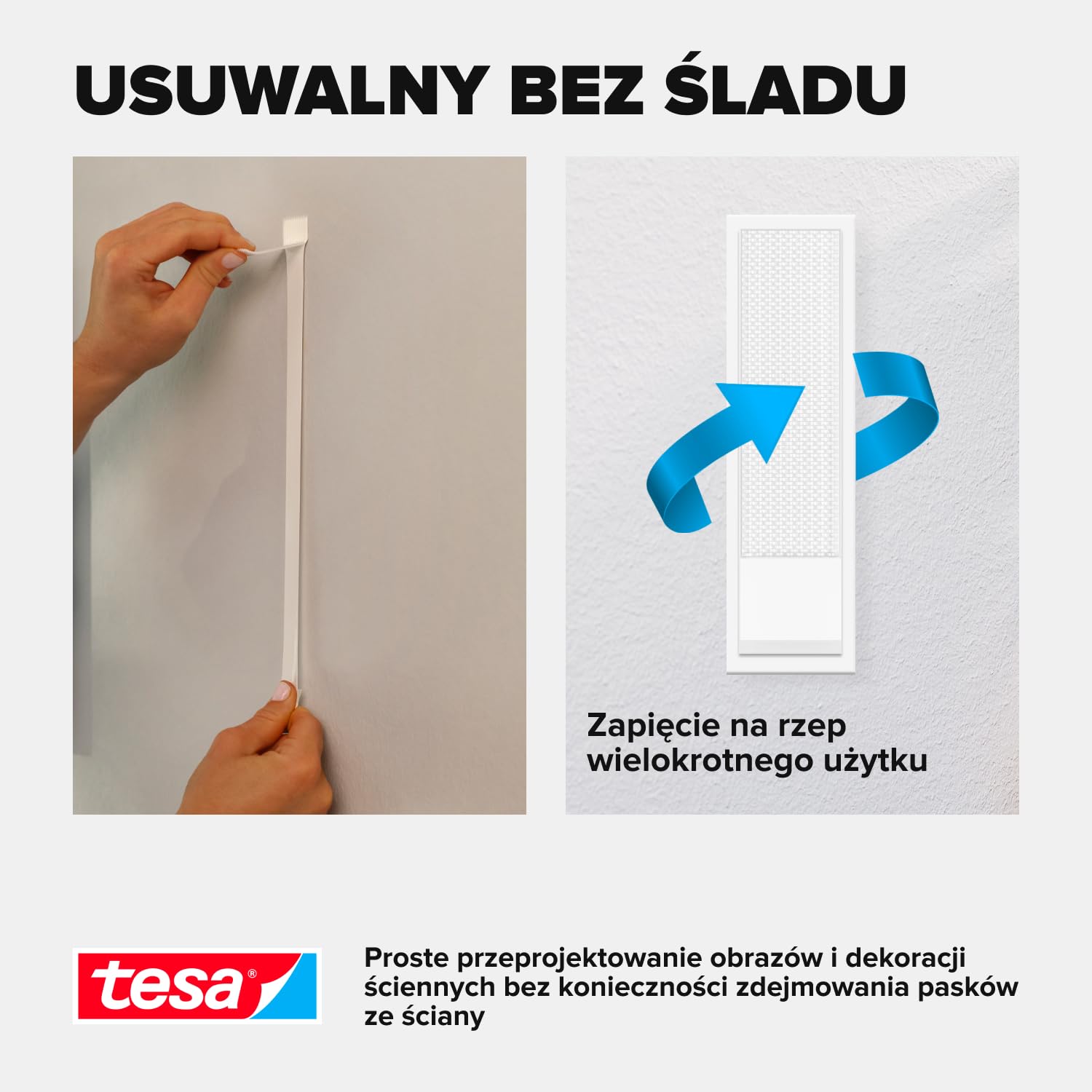 tesa Powerstrips CLICK samoprzylepne paski do mocowania i odklejania ramek na zdjęcia i dekoracji ścian, bez wiercenia, paski samoprzylepne z systemem zatrzaskowym ON & OFF, średnie, 16 x 2 sztuki