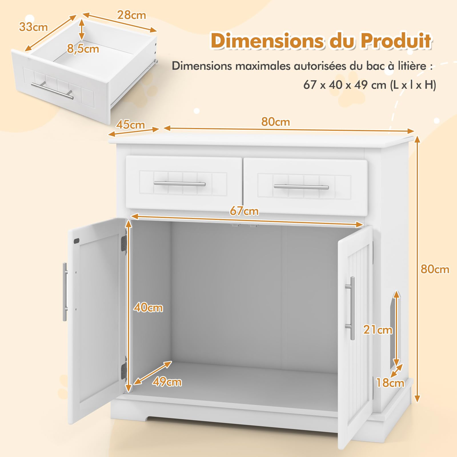 GYMAX Meuble Cache-Litière pour Chats, Maison de Toilette pour Chat avec Armoire à 2 Portes et 2 Tiroirs, Dispositifs Anti-basculement pour Entrée et Salon, 80 X 45 X 80 CM