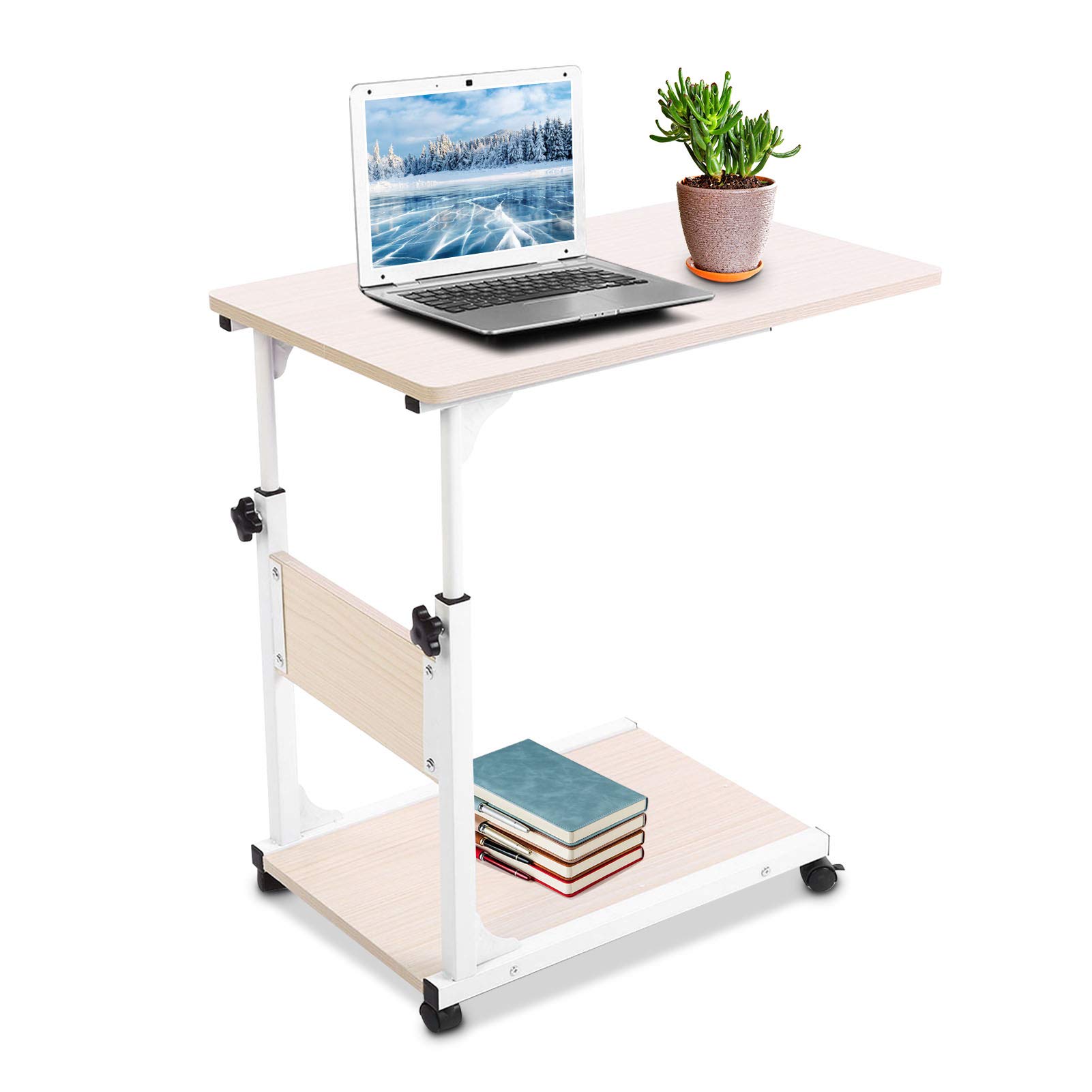 Ejoyous Tavolo Porta Laptop su Ruote, tavolino mobile per divano con divisorio di stoccaggio Comodino da caffè regolabile in altezza per soggiorno Camera da letto Ufficio ospedale(Acero bianco)