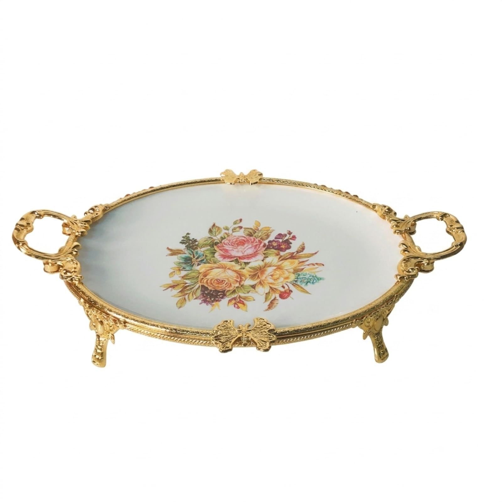 Piatto Industriale Vassoio Vassoio da Portata Vassoio Ovale Piatto da Servire Ceramica E Metallo con Manici Decorativi, Oro, Ovale 45 Cm, Oro con Motivo Floreale