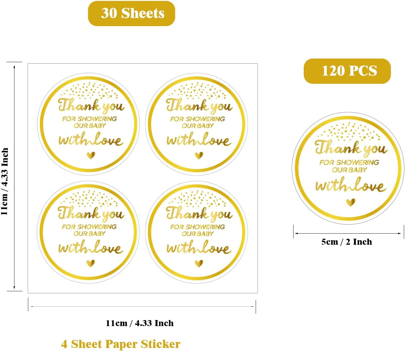 120 Pcs Baby Shower Thank You Stickers, Thank You for Showering Our Baby with Love Stickers, Self-Adhesive Round Gold Sticker Labels for Babies Shower, Envelope Seals, Party Favors - Image 2
