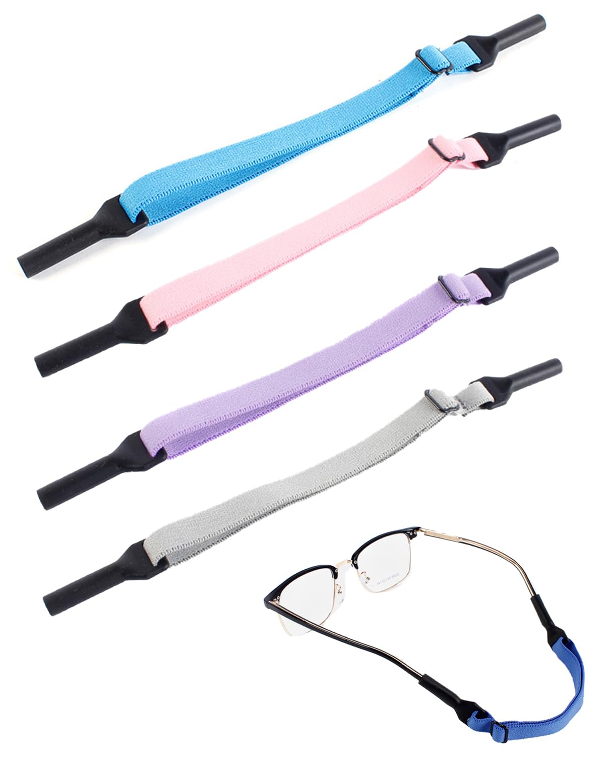 4 PCS Specs Holder Strap, Adjustable Anti-Slip Eyeglass Retainer for Sports and Outdoor Activities, Lightweight Specs Chain for Men, Women and Kids (Light Grey, Light Purple, Light Pink, Light Blue)