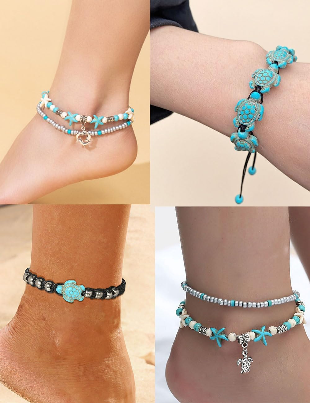 Tornito 12Pcs Shell Turtle Ankle Bracelets Handmade Seashell Bead Starfish Cowrie Dolphin Adjustable Layered Anklets for Women Boho Hawaii Summer Beach Foot Jewelry - Image 4