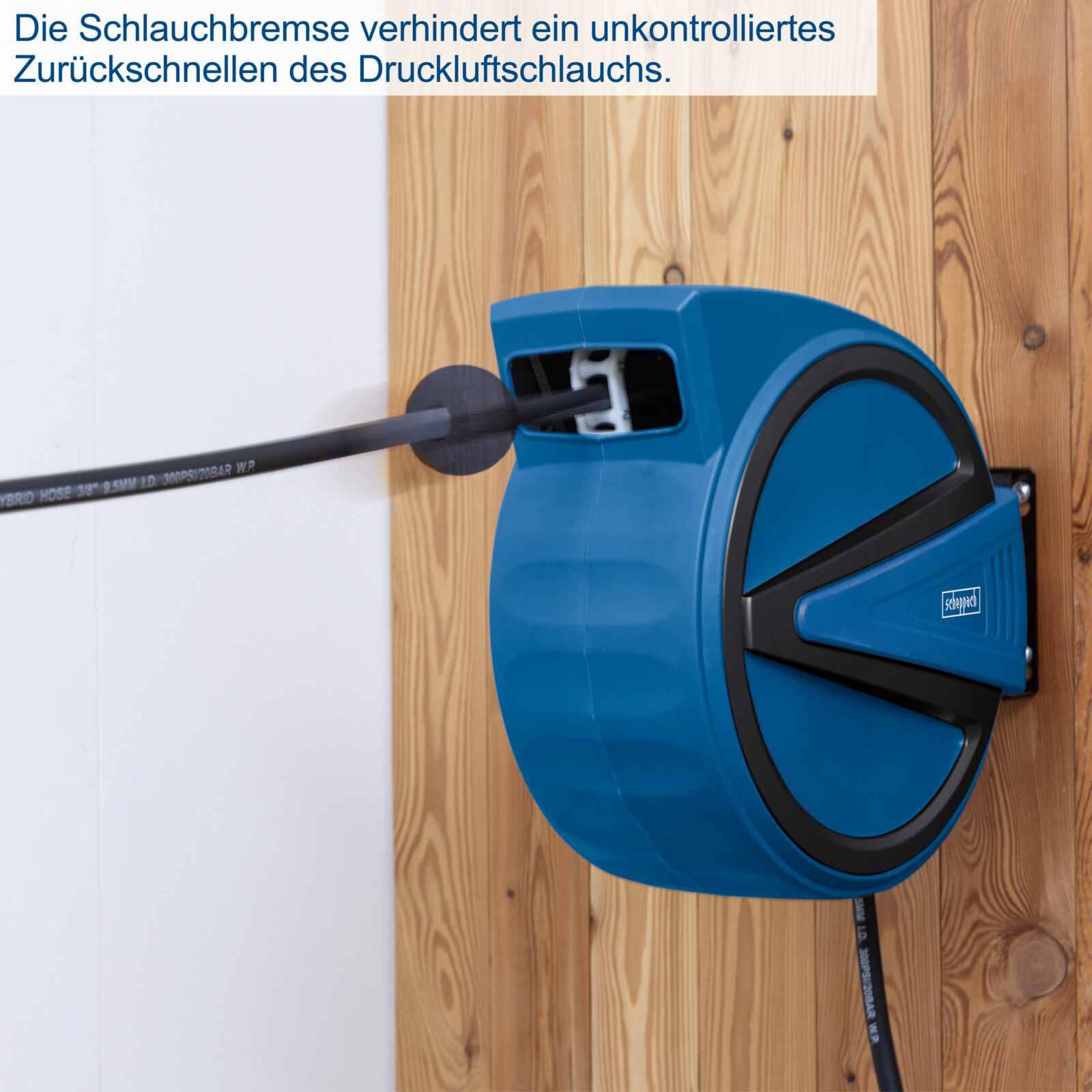 Scheppach 15m Schlauchtrommel Druckluft | 15 bar Arbeitsdruck | Ø 9,3mm innen / 15,3mm außen | 180° schwenkbar | tragbar | mit Auto-Stopp | Automatik Schlauchtrommel AHR15 für Kompressor ¼" Anschluss