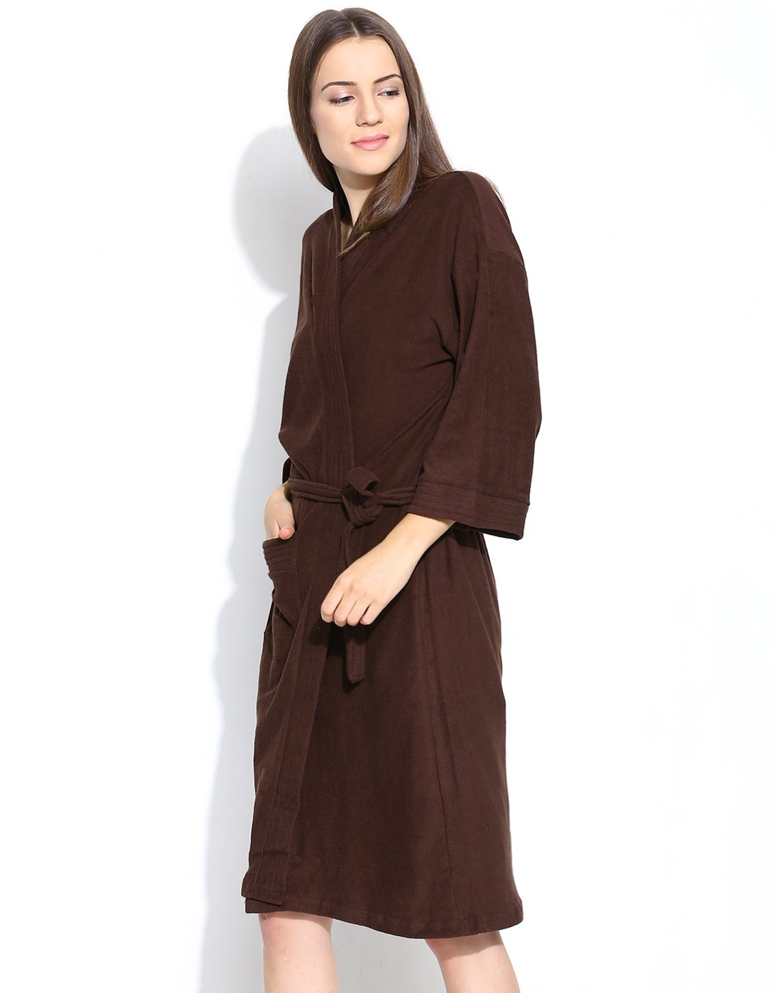 SAND DUNE Men's and Women's Terry Cotton Full Sleeve Knee Length with Pocket and Waist Belt Plain Bathrobe Gown (Brown, Extra Large)
