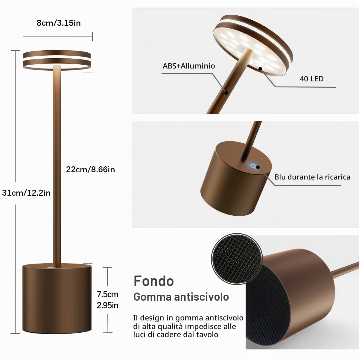 Lampada da Tavolo Ricaricabile LED,2 Pezzi 5000mAh Senza Fili,Comodino | Luce a Batteria USB Dimmerabile,3 Modalità di Colore,per Camera da letto Tavola,Ristorante,Alluminio(Marrone)