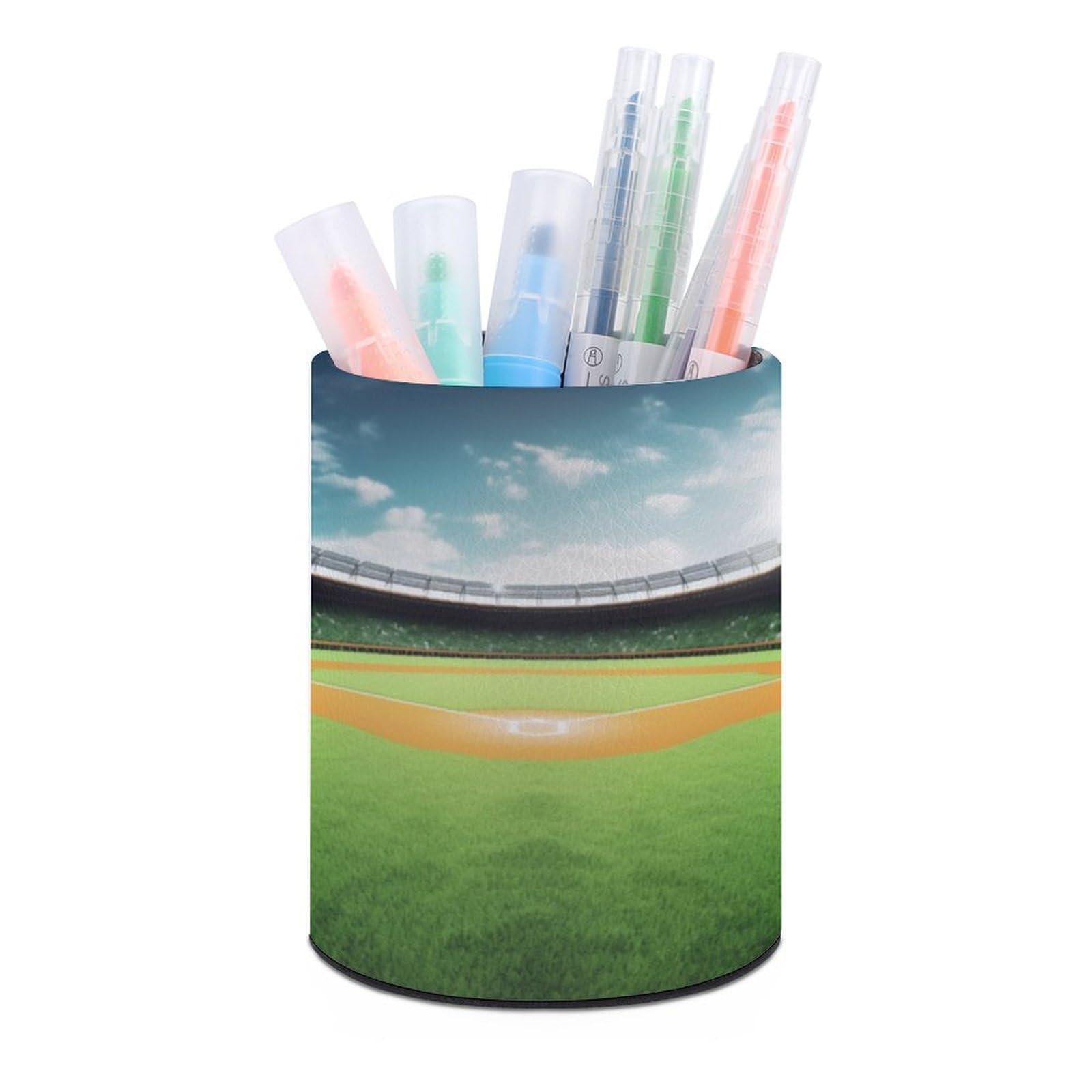 JTREHY Round Pen Holder,Green Baseball Field Backdrop Printed Makeup Brush Storage Box Desktop Stationery Storage Cup Office Accessories Storage Box Pencil Storage Box for Home Office Dressing Table