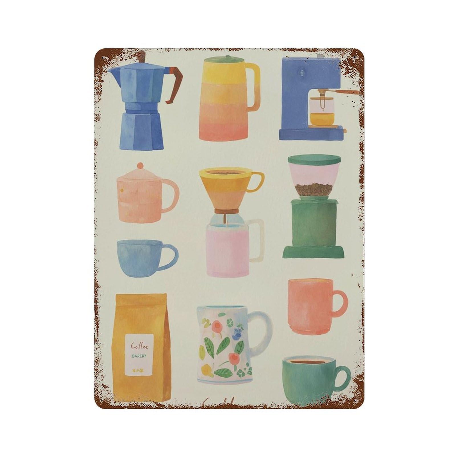 xiaoxiaoshen Colorful Coffee Modern Kitchen Barista Maker Cute Cafe Watercolor Style Wall Decor Art Metal Tin Poster Modern Home Decor Art Home Bar Shop Decorations Vintage Sign 40x30cm