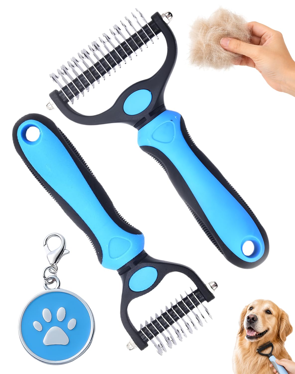 Pet Pro Grooming Tool, Pet Pro Grooming Tool for Dogs, 2-in-1 Undercoat Rake and Deshedding Brush for Dogs and Cats, Dematting Comb for Small Large Pets, Loose Hair, Tangles (2PCS Blue)