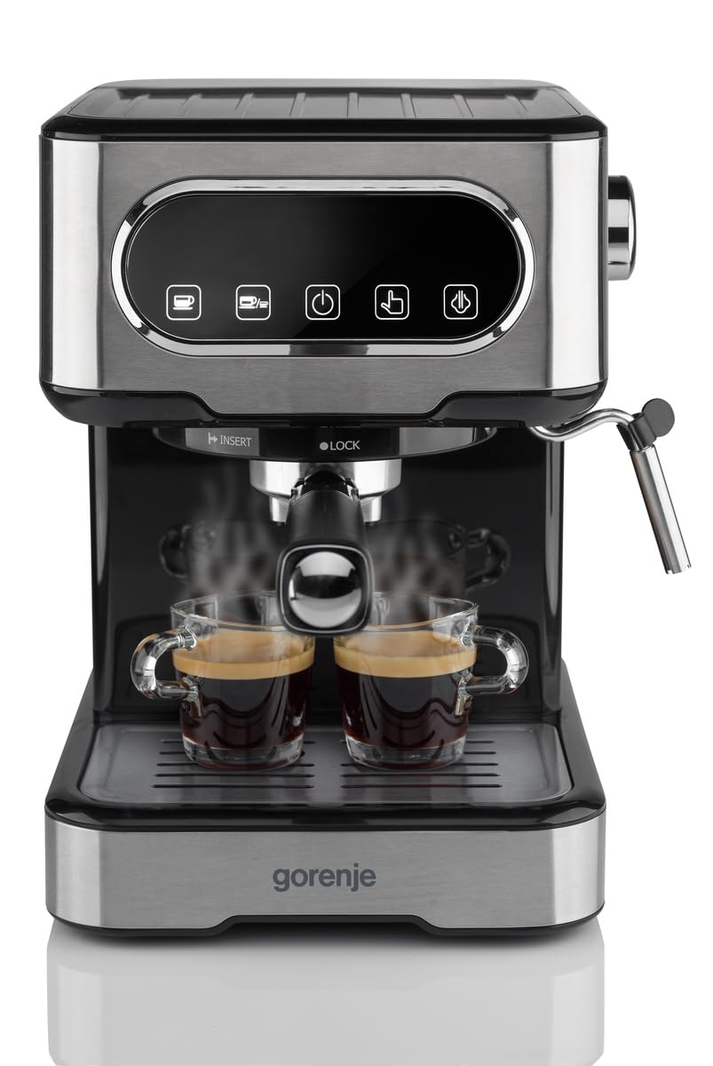 Gorenje ESCM 15 DBK Espresso Siebträgermaschine/Espressomaschine mit professioneller Milchschaumdüse/1,5 l Wassertank/15 bar/Edelstahl, Silber/Schwarz