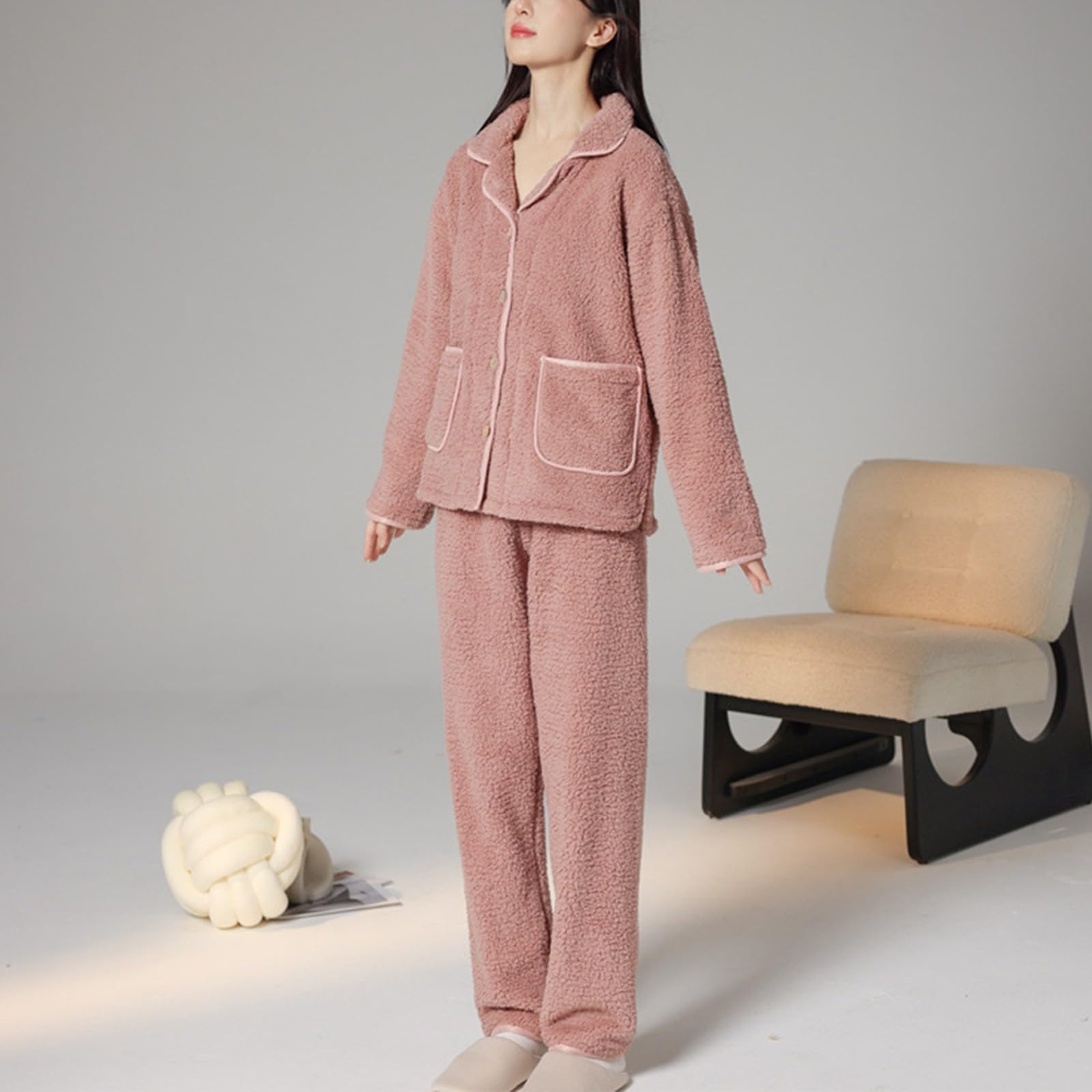 Generisch Pigiama da donna, con fodera in pile, morbido, caldo, biancheria da notte e baggy, in pile, 2 pezzi, con bottoni, risvolto elasticizzato, per dormire
