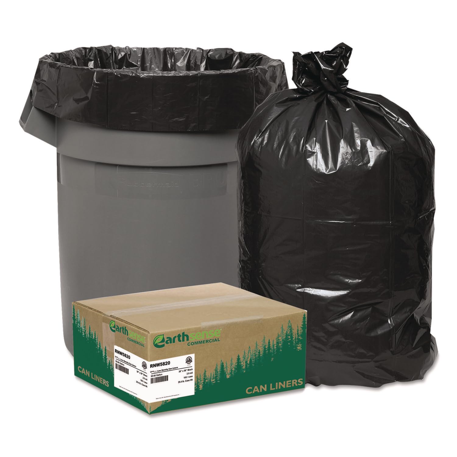 Earthsense Commercial RNW5820 Recycled Can Liners, 55-60gal, 2mil, 38 x 58, Black (Case of 100)