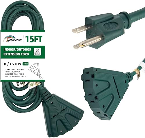 Cable de extensión para exteriores de 15 pies con 3 tomas de corriente eléctrica, cable verde duradero SJTW de 163 con enchufe a tierra de 3