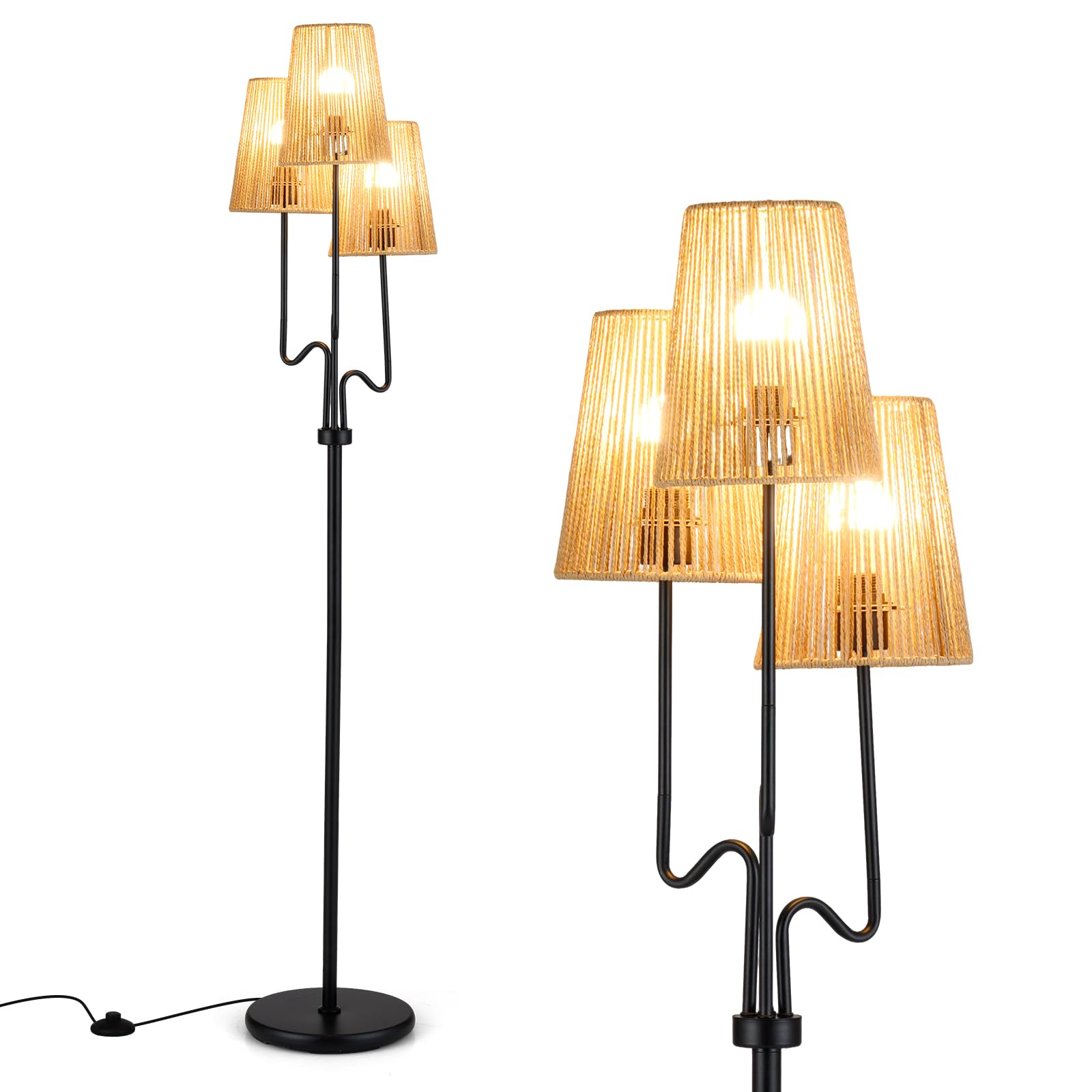 COSTWAY 175cm Stehlampe Wohnzimmer, 3 flammige Stehleuchte mit Metallsockel, Papiergeflecht Lampenschirm, 3 E27-fassungen & Fußschalter, Leselampe für Wohnzimmer, Schlafzimmer, Büro