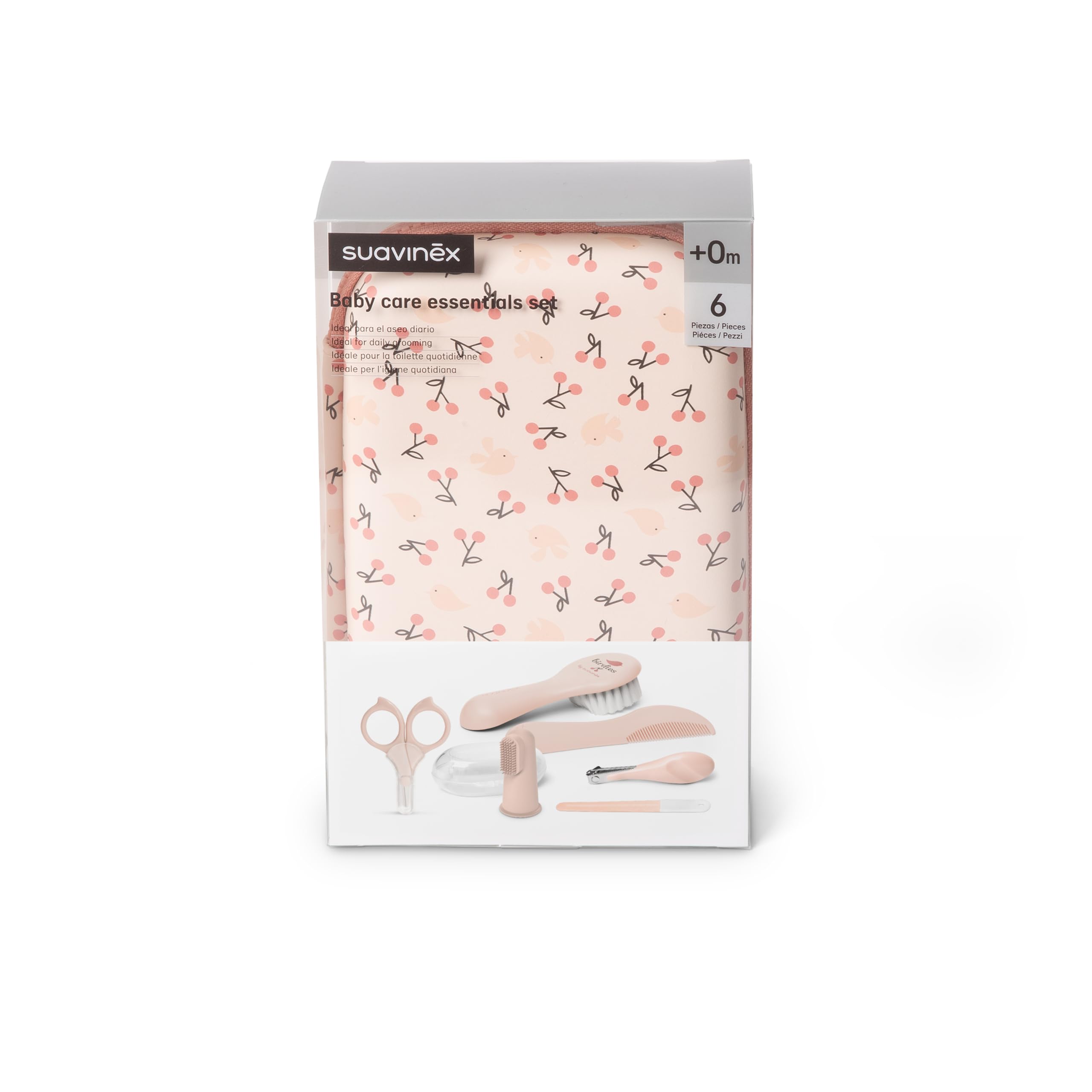 Suavinex, Trousse de Soin Bébé, Trousse de Toilette Naissance. Contient : Brosse et Peigne + Doigt Brosse à Dent + Ciseaux + Lime + Coupe Ongles, Set Manucure 6 Piéces, Rose