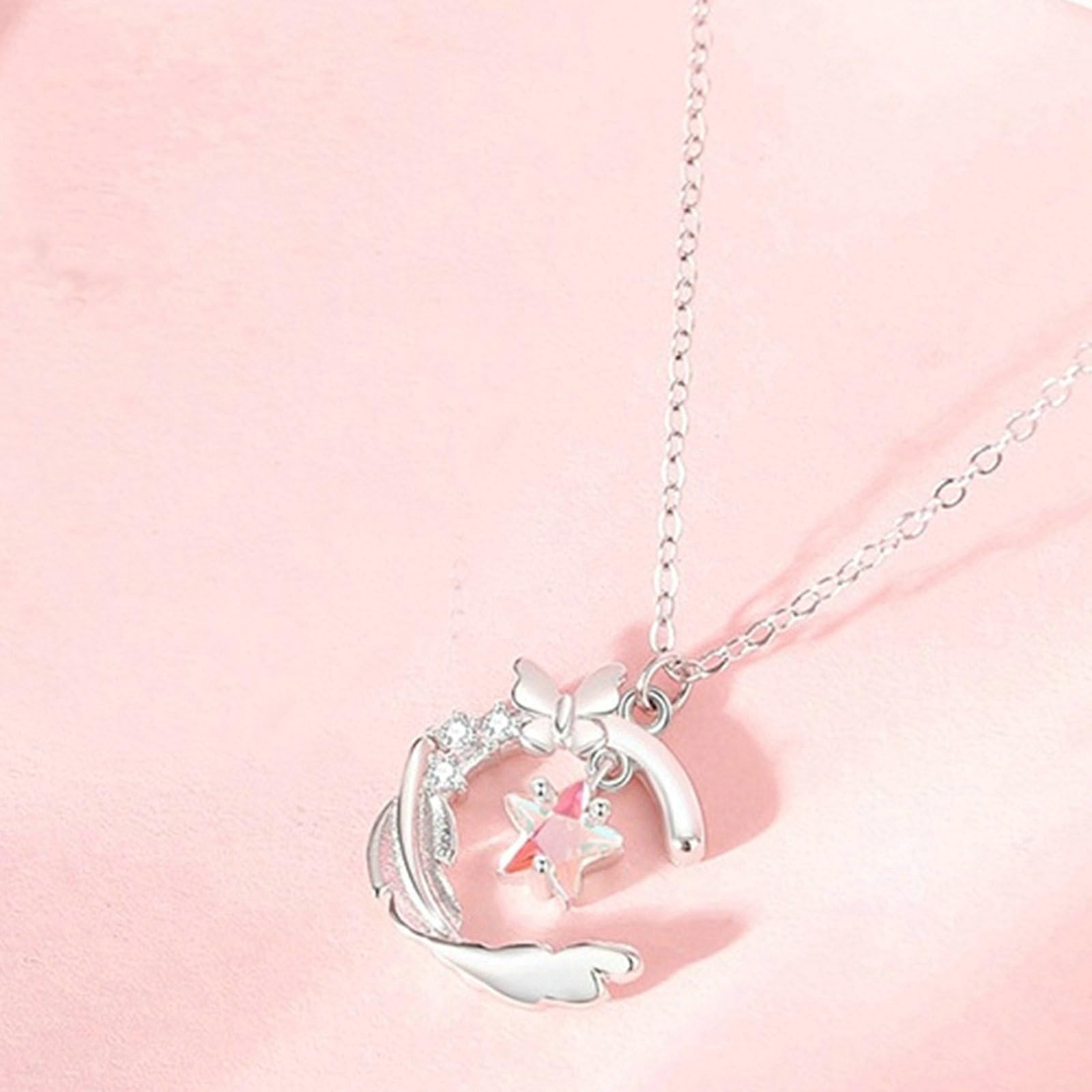 Collares de oro blanco de 9/14/18 quilates para mujer, colgante de luna, estrella de mariposa con piedra lunar, collar de moda de 40 + 5 cm