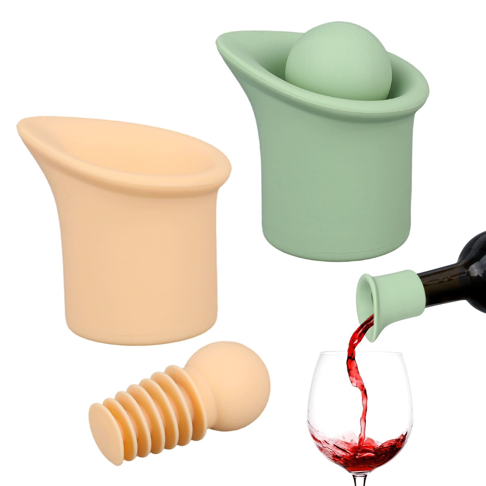 2 Set 2 in 1 Silicone Wine Bottle Stoppers & Pourers, Wine Spout Sealer Preserver Glass Champagne Caps with Vacuum Reusable & Easy to Clean Home Bar Restaurant Accessories(Green, Beige)