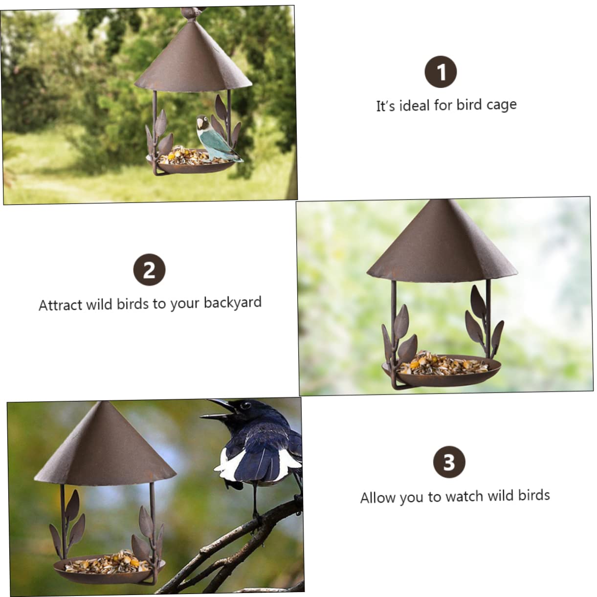 Mangiatoia per Uccelli da Giardino in Ferro Design Unico Sospesa per Pappagalli e Uccelli, Decorazione per Spazi Esterni e Patio