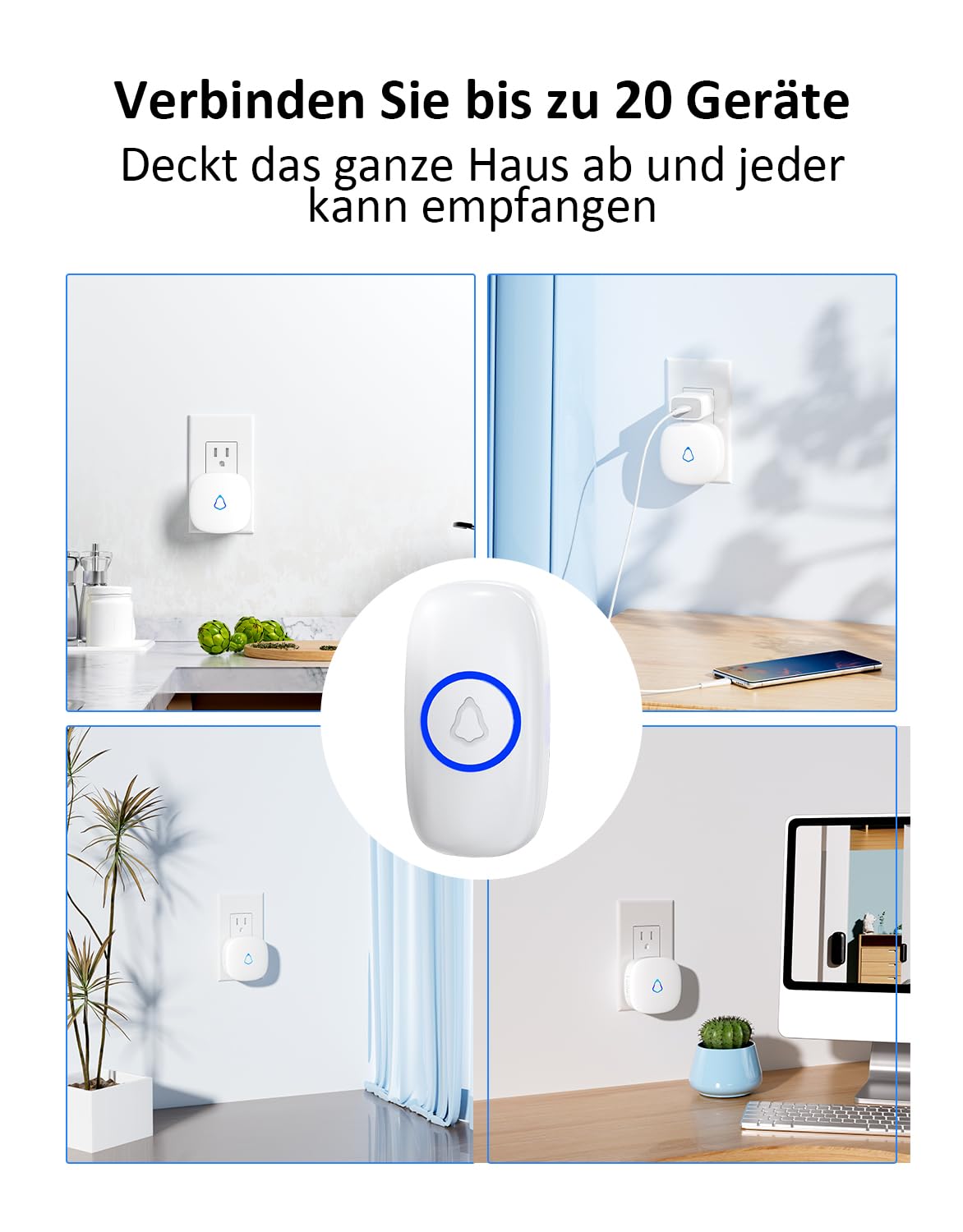 SECRUI Funkklingel Türklingel Set für Haustür, 3 Empfänger + 2 Sender, Funk Tür Klingel, Kabellos Doorbell mit 58 Melodien, 0-120dB 5 Lautstufen, LED-Licht, 300 m Reichweite, IP55 Wasserdicht, Weiß
