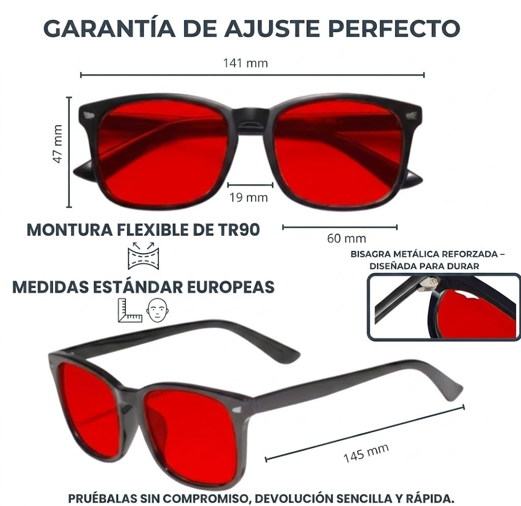 Gafas Rojas Bloqueo 99,9% Luz Azul y Verde | Lente Roja Intensa Uso Nocturno Protectora Luz Azul para Dormir | TR90 Ultra-Ligera Edición 2026 | Biohacking para el Descanso