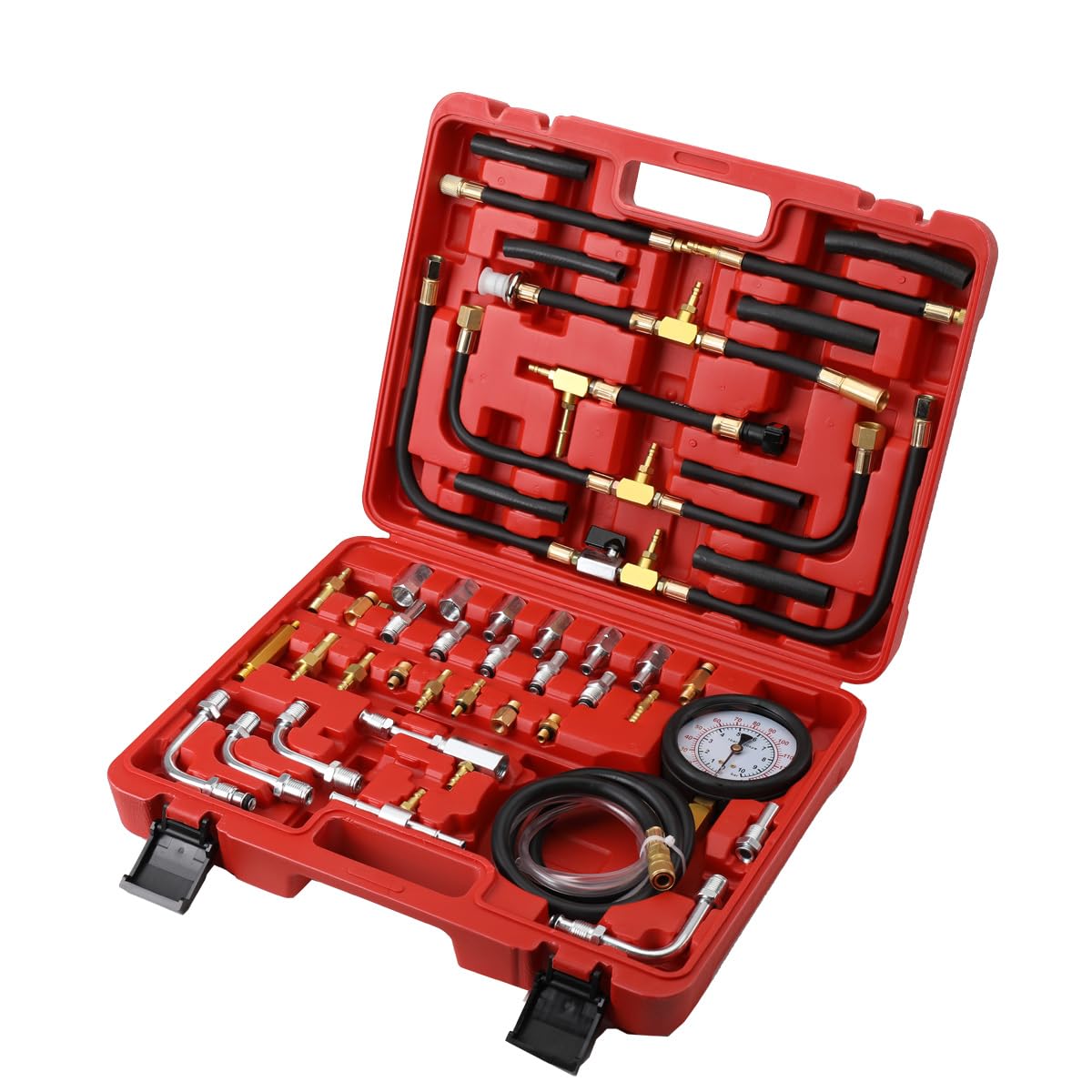 Kit Tester Pressione Iniezione Carburante con Manometro 3,5" 0-140 PSI/0-10 Bar, Valvola di Sicurezza, Tubo 6 Piedi, Ideale per Diagnosi Sistemi Carburante Veicoli