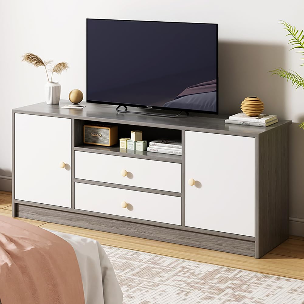 MUMOO BEAR Simple TV Cabinet, 55 Inch TV Stand with Drawers Doors & Open Shelf, Wooden TV Console Table, Modern TV Table Unit with Storage for Living Room, Bedroom Grey with White (DSG017-140)