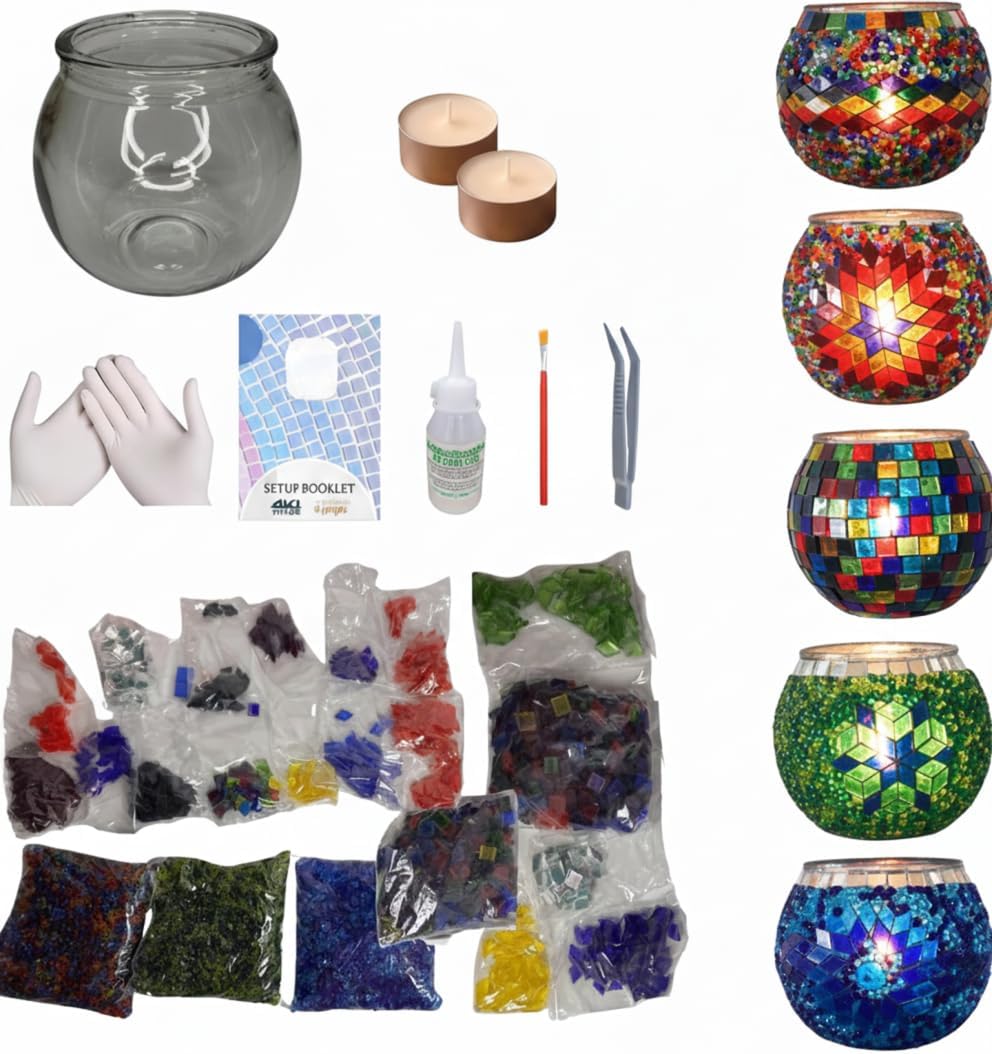 BYTURKISHLAMPS DIY Turkish Mosaic Candle Holder Kit: 1 Glass Globe + 1LB+ Authentic Tiles & Beads for Adults, Teens, Families
