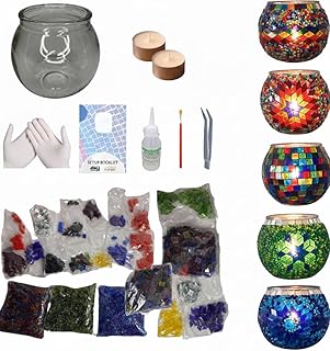 BYTURKISHLAMPS DIY Turkish Mosaic Candle Holder Kit & 1 Glass + 1LB+ Mosaic Tiles and Beads Bulk, Make Your Own Creative Glass and Garden Craft, Making Table Tealight for Adults, Teens, Family, Couple