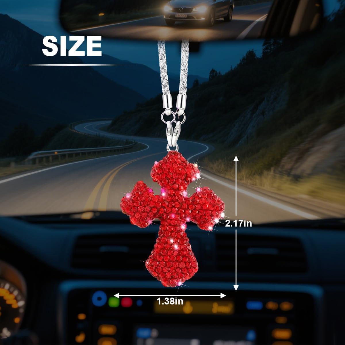 Bling Cross Car Rear View Mirror Hanging Ornament, Crystal Rhinestones Religious Vehicle Rearview Mirror Pendant Charm, Auto Interior Decoration Accessories, Universal Fit (Red) image 2