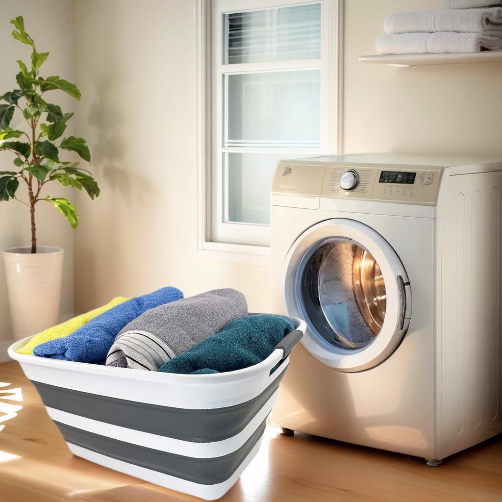 SAMMART Cesto portabiancheria pieghevole in plastica con manici a doppia impugnatura, 27 l, contenitore pieghevole pop up, vasca/cesto salvaspazio portatile (1, bianco/grigio acciaio)
