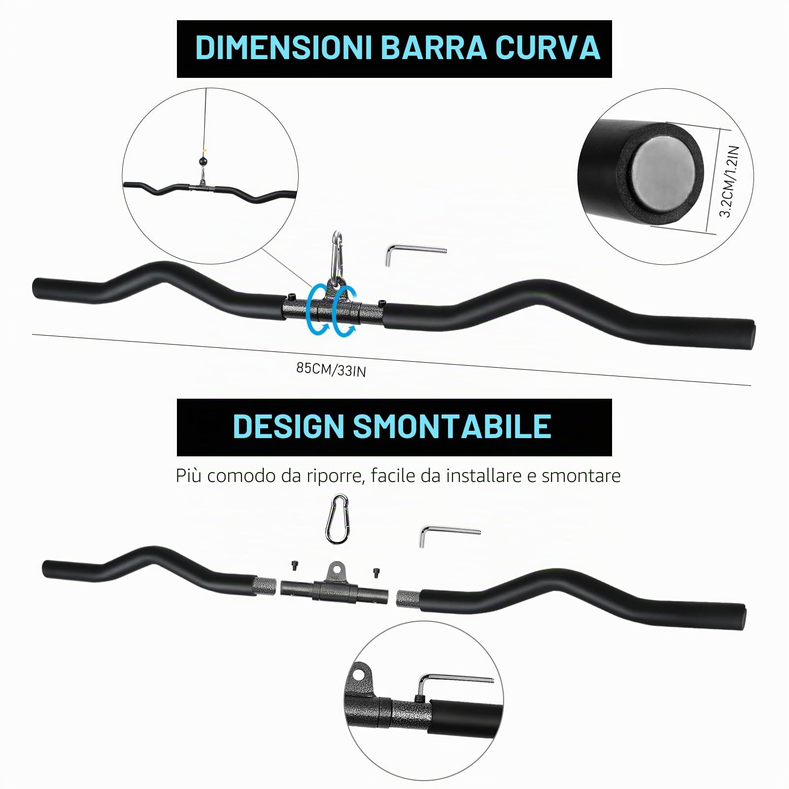 Barra LAT Machine, Staccabile Barra Dorsali LAT Machine Barra Curva LAT Machine Girevole Barra Tricipiti Bicipiti Accessori per Cavi in Palestra Casa
