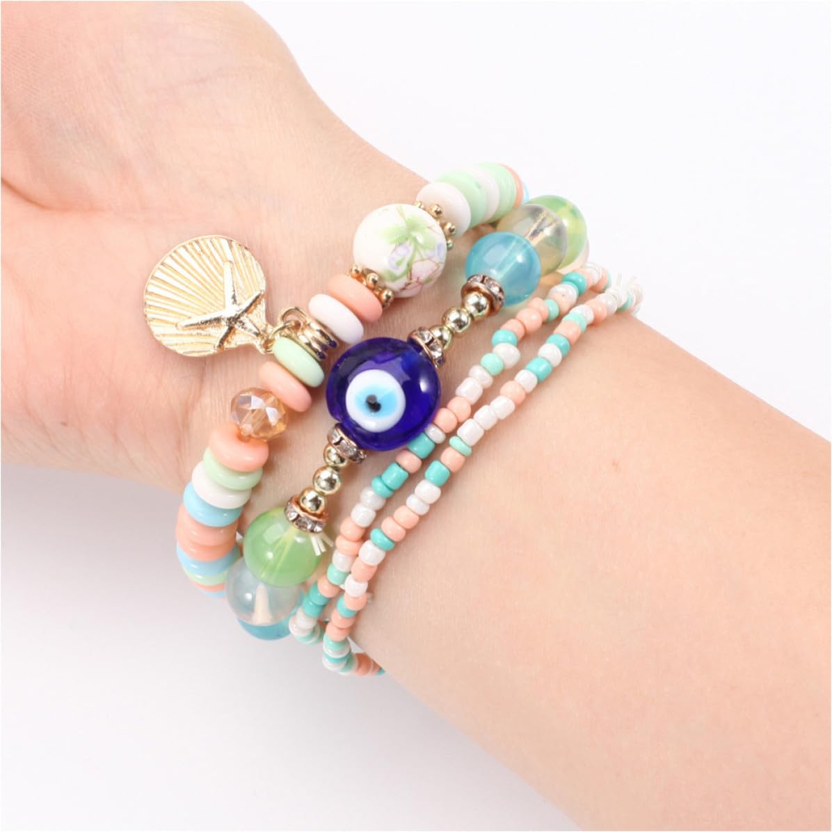 Abaodam 12 Juegos Pulsera Bohemia para Mujer de Vidrio y Aleación, Ligera y Segura, Diseño Multicapa Ojo Turco, Adecuado para Regalos Originales en Cumpleaños y Navidad