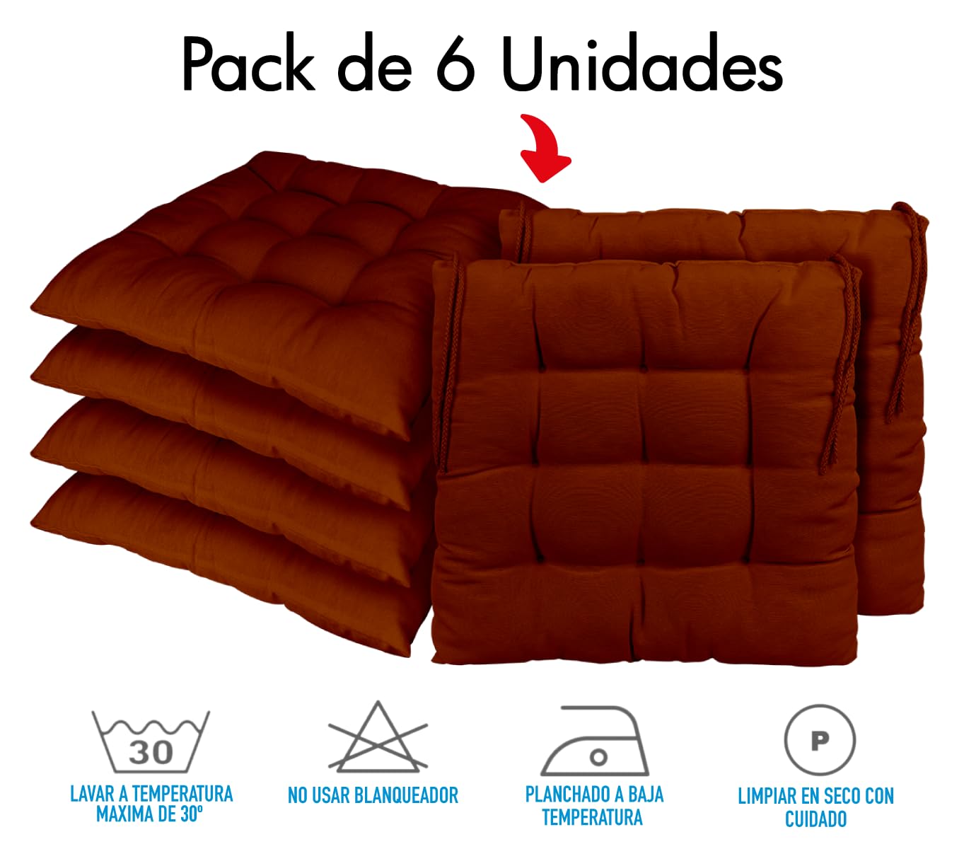 CHELY INTERMARKET Cojines Silla 40x40x7,5cm Pack 6 Unidades Relleno Mullido Marrón 9 Pespuntes Acolchado Exterior Interior Decorativos Suaves Estables Lavables Terraza Jardín