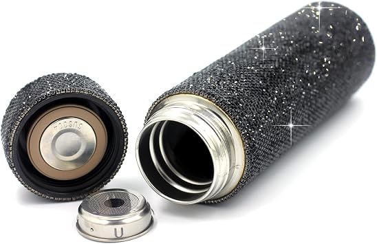 Bling Rhinestone Stainless Steel Water Bottle - 17oz Vacuum Insulated Diamond Tumbler, Gift for Women, Girls and Kids - Sparkling Silver Glitter Cup Black