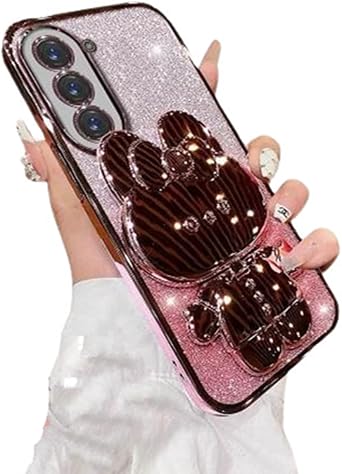 for Samsung Galaxy S24 Fe Case for Women Girls,Cute Hidden Rabbit Mirror Kickstand,Plating Soft Clear TPU with Camera Lens Protector,Luxury Bling Glitter Layer Girly Phone Case for Samsung S24FE Pink